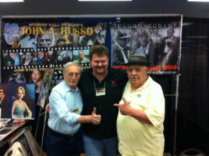 NIGHT OF THE LIVING DEAD Author, John Russo, DARKENED HILLS Author Gary Lee Vincent, and NIGHT OF THE LIVING DEAD MOVIE "Sheriff" George Kosanna pose at one of the Horror Cons. All have stories in THE BIG BOOK OF BIZARRO by Burning Bulb Publishing. 